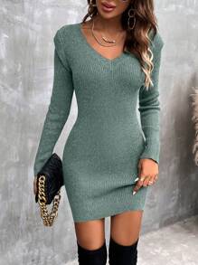 EMERY ROSE Abito maglia casual da donna a tinta unita con scollo a V e maniche lunghe