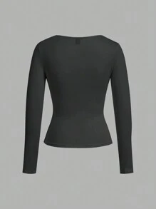 SHEIN EZwear 女款 2 件組方領修身長袖休閒 T 恤套裝，適合春、秋、冬季節 - 彩色 - 查看 3