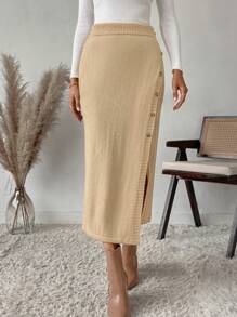 SHEIN LUNE Women Button Front High Slit Ribbed Knit Sweater Skirt