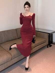 DAZY Women Solid Color Long Sleeve Pleated Mid-Length Wrap Dress,Elegant Burgundy Autumn Dinner Date Prom Dress,New Year Eve Valentine's Day Maxi Dress - Red - View 4