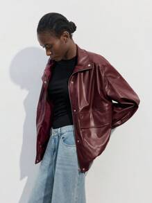 Maija 女士休闲安哥拉红色 PU 皮革拉链夹克，宽松时尚，适合日常穿着，秋冬季 - 酒紅色 - 查看 7
