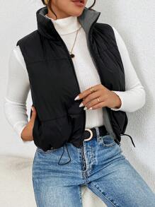 SHEIN Frenchy Women's Solid Color Zip Up Front Sleeveless Casual Padded Coat In Fall/Winter - Grey - View 8