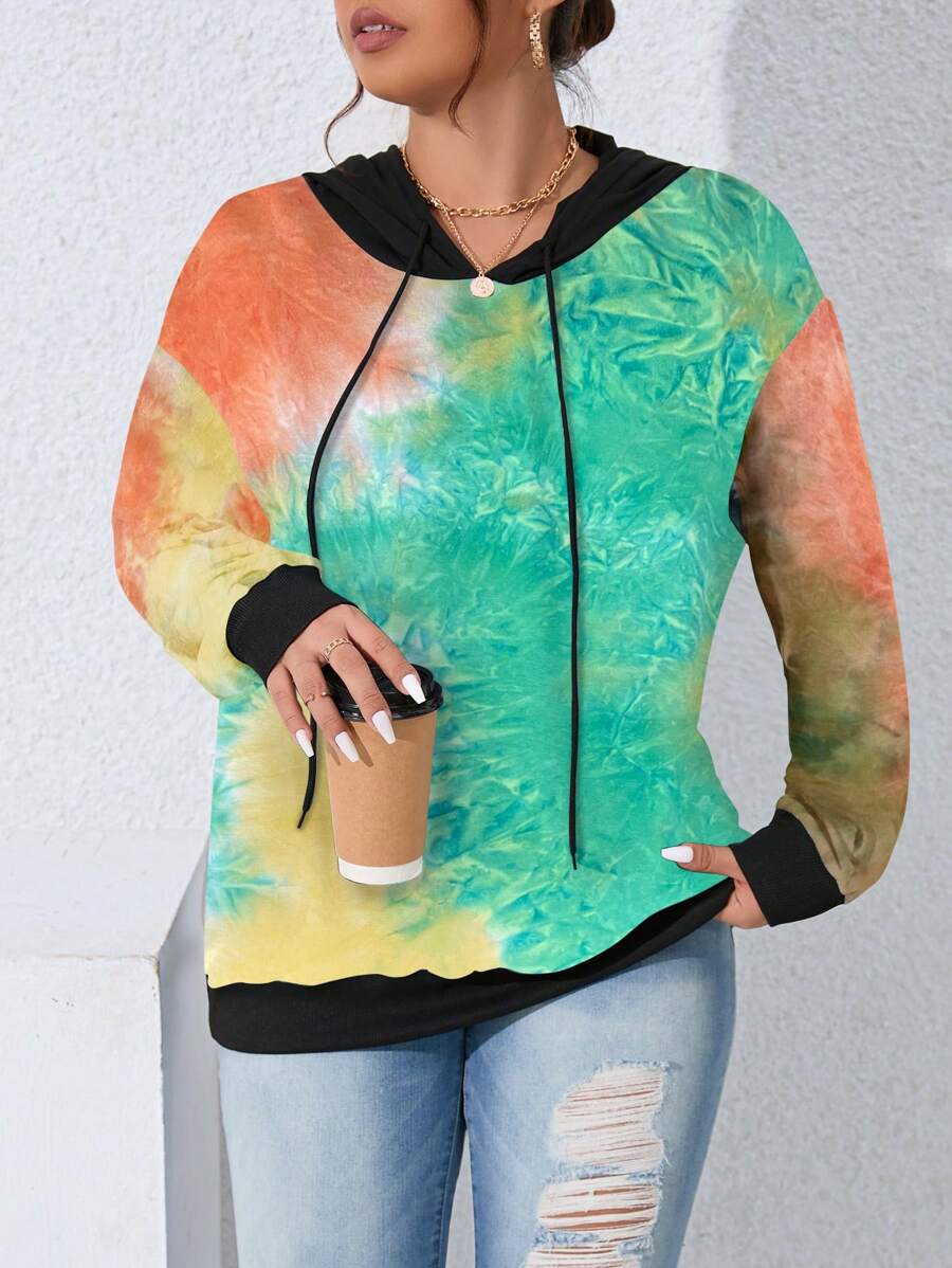 SHEIN LUNE Plus Size Solid Color Patchwork Long Sleeve Simple Hooded Sweatshirt, Casual Daily Wear Pullover Fall Sweatshirt - Multicolor - View 1