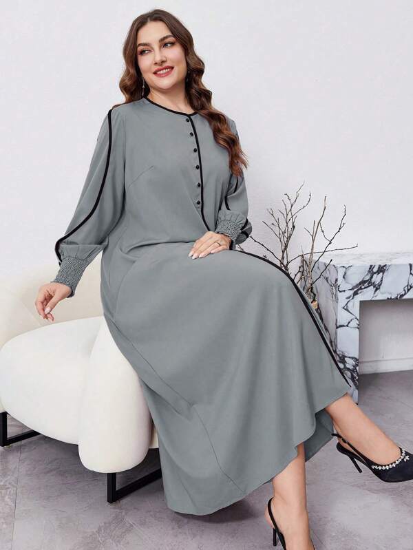 Al Najma Plus Size Women's Button Accent Crew Neck Long Sleeve Casual Arabic Style Dress, Modest Elegant Maxi Arabian Dresses, For Travel/ Casual/Home/Holiday