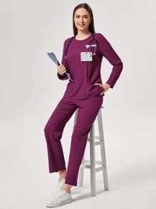 TaskEZ 2 件套女式纯色圆领长袖口袋上衣和裤子护士服套装