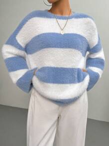 SHEIN Unity Casual Color Block Stripe Bell Sleeve Sweater, Autumn/Winter, Knit Pullover Fall - Multicolor - View 5