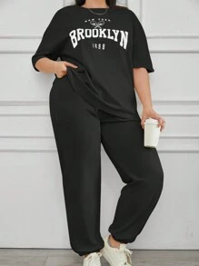 SHEIN Cottnline 100%Cotton Cottonline Solid Color Printed T-Shirt & Sweatpants - Black - View 1