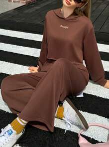 Jouncy 2 件女式纯色字母印花连帽运动衫和裤子套装 - 咖啡棕 - 查看 2