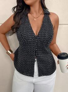 SHEIN Frenchy Plus Size Women's Striped Collar Vest Jacket, Suitable For Autumn - Black and White - View 3