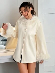 SHEIN EZwear 女士蓬松拼布前扣长袖大衣 - 米色 - 查看 4