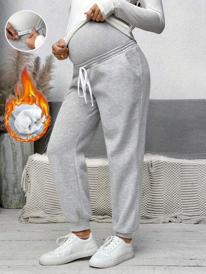 SHEIN Adjustable Waist Bow Decor Drawstring Pants, Maternity Clothing For Autumn