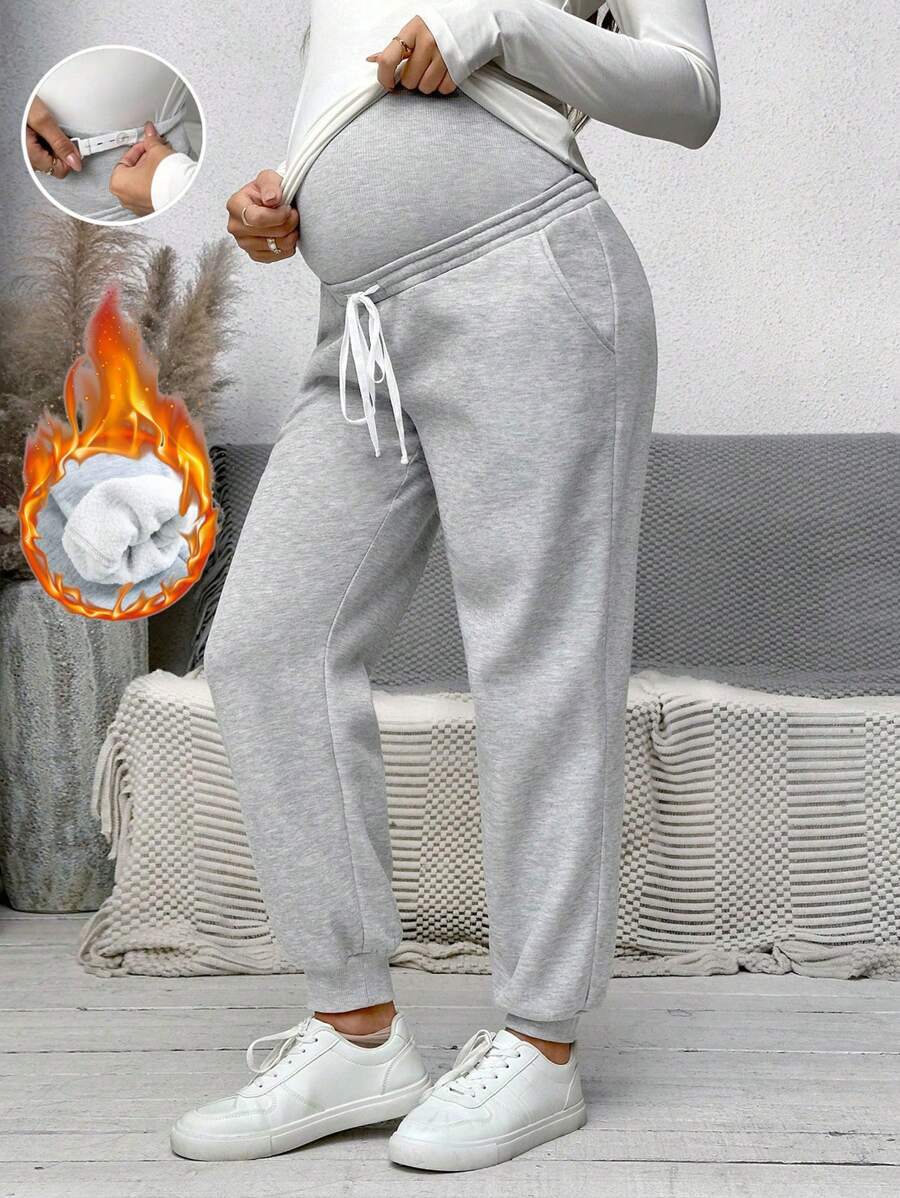 SHEIN 可调节腰部蝴蝶结装饰抽绳裤，秋季孕妇装 - 淺灰色 - 查看 1