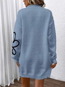 SHEIN Clasi 拼色花卉刺绣圆领休闲长袖毛衣连衣裙