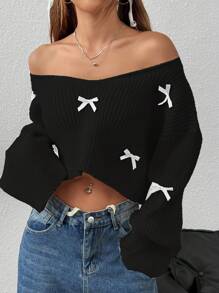 SHEIN Unity 宽松V领休闲3D蝴蝶结针织毛衣