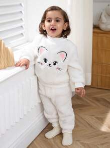 SHEIN Baby Girls' Cute Cat Embroidered Plush Bag And Warm Outfit Set - Multicolor - View 6