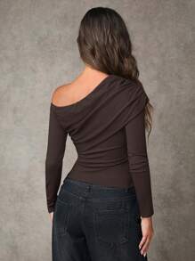 SHEIN BAE 女士休闲不对称领修身长袖 T 恤，适合秋季 - 咖啡棕 - 查看 2