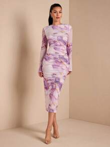 SHEIN BAE Váy dài tay ôm sát in họa tiết đá cẩm thạch thanh lịch dành cho nữ, mùa thu - Màu tím hoa cà - Xem 6