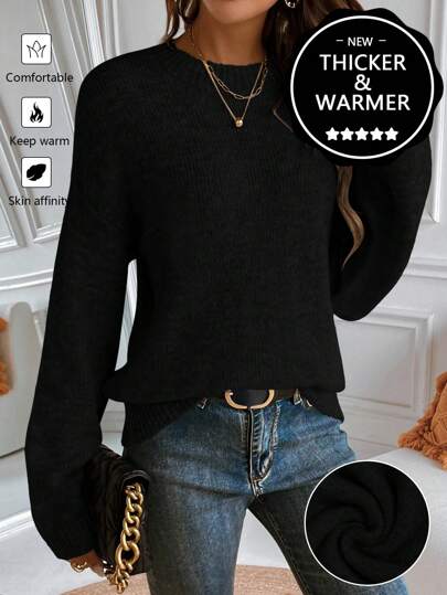 EMERY ROSE Nyuppgraderad premium tjock och varm grå tröja med rund hals för damer, långärmade toppar