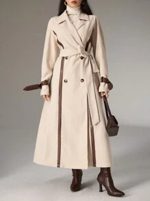 Heiryn Women's Solid Color Splice Front Button Long Sleeve Stand Collar Casual Trench Coat - Apricot - View 5