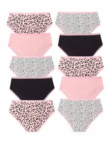 10pcs/Pack Tween Girl Chic Leopard Print & Solid Color Trim Heart Pattern Panties, Suitable For Autumn/Winter/All Seasons