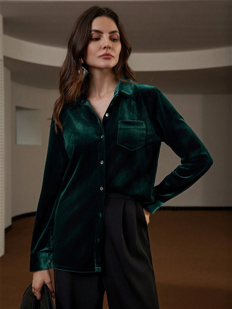Aveloria Modichic Áo sơ mi cài nút tay dài thanh lịch kiểu Pháp dành cho nữ Áo sơ mi cài nút dành cho nữ thanh lịch dành cho nữ - Màu xanh lá cây đậm - Xem 1