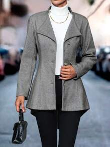 SHEIN Clasi 1 pièce Manteau élégant à col rabattu, manche longue, simple-boutonnage pour carrière d'automne/hiver pour femmes - Gris - Voir 1