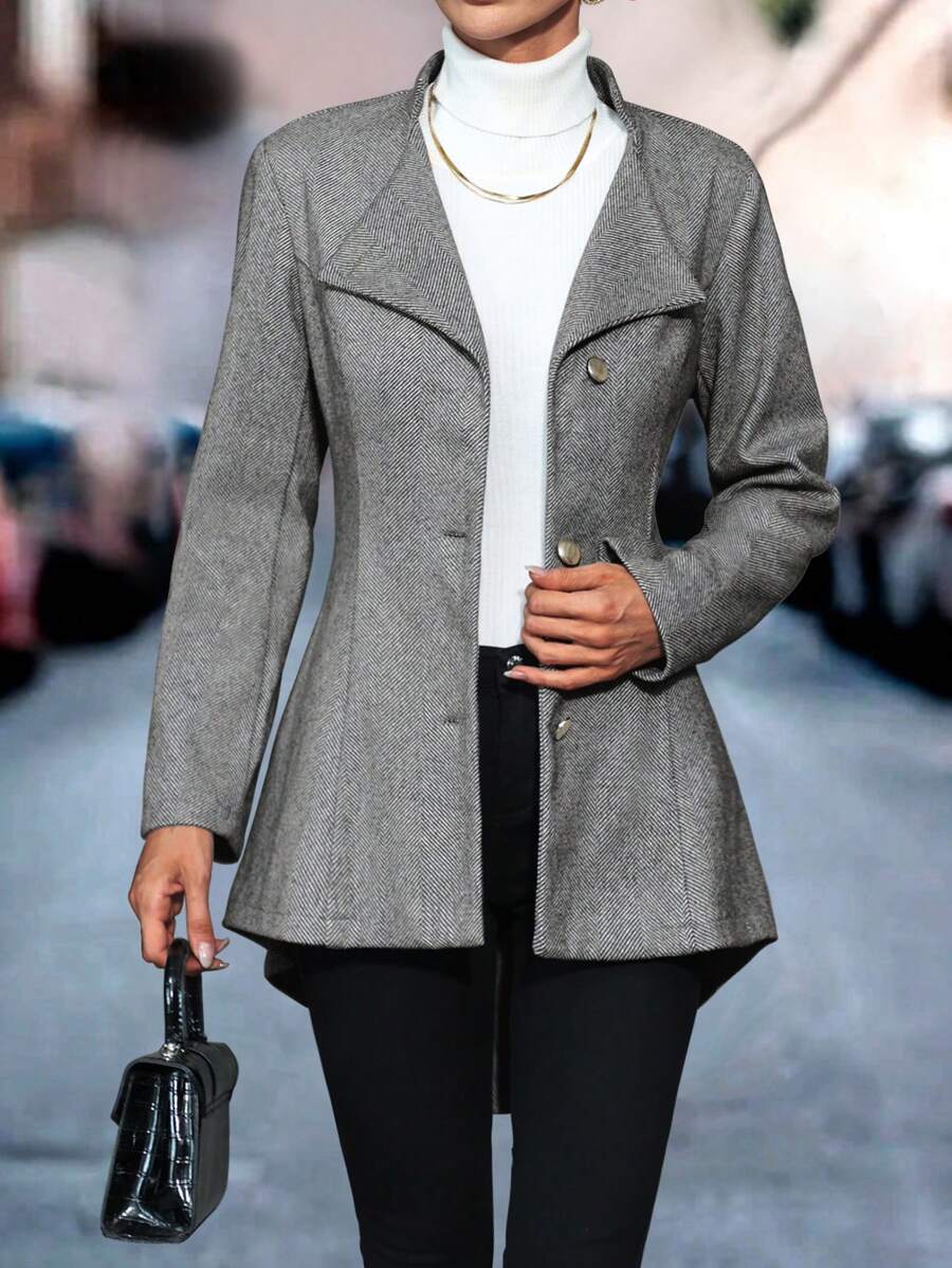 SHEIN Clasi 1 pièce Manteau élégant à col rabattu, manche longue, simple-boutonnage pour carrière d'automne/hiver pour femmes - Gris - Voir 1