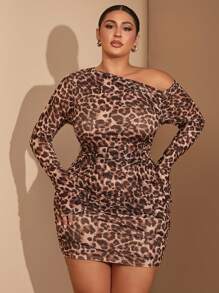 SHEIN BAE 大码女式豹纹单肩喇叭袖性感迷你连衣裙，褶皱紧身版型，适合派对和约会，浪漫迷人 - 彩色 - 查看 6