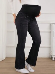SHEIN Maternity Adjustable Waist Ripped Casual Flare Leg Jeans - Black - View 3