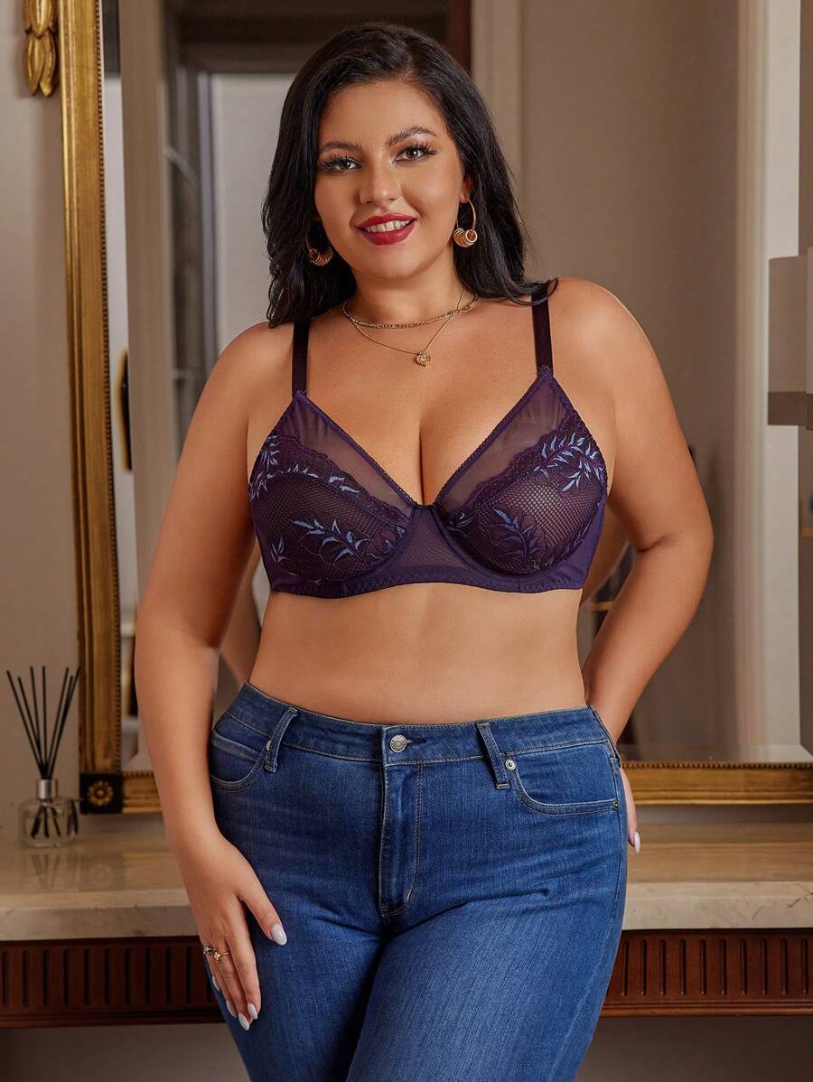 SHEIN Áo ngực có gọng thêu ren cỡ lớn có thể điều chỉnh, đồ lót - Màu tím - Xem 1