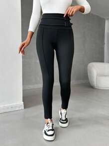 EURMUSE Women Belt Detailed Strech Legging Pant - Black - View 5