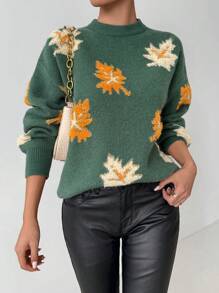 Chiquease Suéter de mujer informal con cuello redondo, mangas farol y bordado de hoja de arce, otoño/invierno