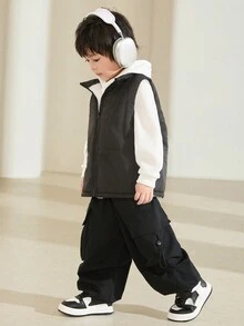 SHEIN 1 件年轻男孩休闲、简约、时尚、实用、百搭、透气、舒适立领背心，带保暖内衬，适合日常生活、学校、旅行、运动、秋冬季节 - 黑色 - 查看 5