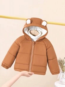 Baby Girl Winter White Brown Jacket,Cute Bear Embroidery 3D Ear Hooded Thick Coat - Brown - View 2
