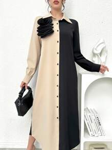 Modelyn Abito lungo da donna con maniche lunghe, modesto, con fiori 3D e colorblock, abito lungo da sera stile arabo