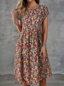 EMERY ROSE 女式夏季休闲碎花度假蝙蝠袖连衣裙