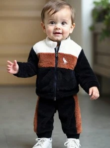 SHEIN 2pcs Baby Boys' Plush Warm Dinosaur Pattern Matching Casual Thick Jacket And Pants Set, Winter