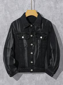 SHEIN Tween Boy Fashion Casual Design Sense Tie Flower Wash Water Black Comfortable Denim Lapel Long-Sleeved Jacket Coat Boys Cool Outfit/Boys Thanksgiving Outfit For Boys Costume Dailywear And Fall/Winter Kids Clothes