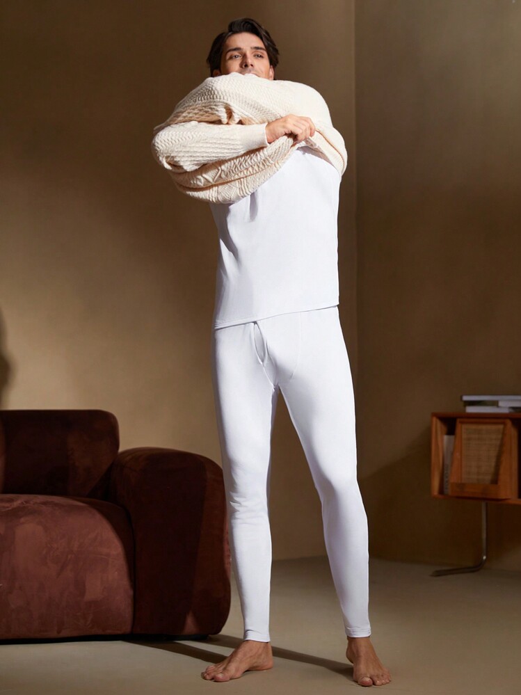 SHEIN Men's Casual Solid Color Turtleneck Slim Fit Long Sleeve Top And Leggings Thermal Set, Suitable For Autumn/Winter - White - View 3