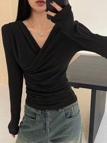 DAZY Women Casual Solid Color Warm Thermal Lined Crossover T-Shirt, Autumn