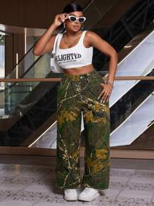 Slaydiva Plus Size Casual Camouflage Print Straight Leg Jeans - Multicolor - View 4