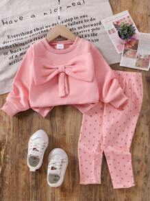 女婴粉色套头衫套装，大蝴蝶结圆领长袖上衣搭配圆点破洞裤，秋季甜美可爱时尚装扮 - 粉色 - 查看 1