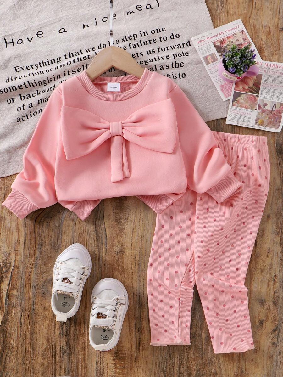 女婴粉色套头衫套装，大蝴蝶结圆领长袖上衣搭配圆点破洞裤，秋季甜美可爱时尚装扮 - 粉色 - 查看 1