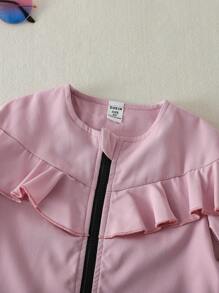 SHEIN Bộ 3 món/Bộ trang phục thời trang mới cho bé gái, Áo crop top cổ bèo nhún sang trọng thanh lịch phong cách Hàn Quốc, Áo sơ mi có dây đeo, Váy cạp cao, Áo khoác thể thao giản dị thời trang, Bộ quần áo dễ thương ngọt ngào - Hồng - Xem 5