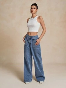 女士复古双纽扣简约宽松直筒牛仔裤 - 藍色 - 查看 6