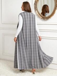 SHEIN Clasi Plus Size Women Plaid Lapel Sleeveless Long Jacket And Wide Leg Pants Casual Suit Set, Autumn