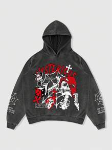 ROMWE MEN Goth Sudadera con capucha de manga larga con estampado de calavera y letras para hombres