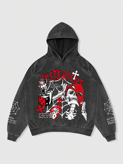 Goth Sweat-shirt à capuche à manches longues avec imprimé de crâne et lettre pour hommes