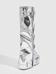 Sugerpunk 圣诞节厚底搭扣拉链朋克风靴 - 銀色 - 查看 3