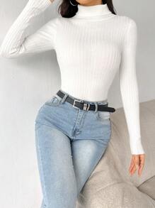SHEIN PETITE Women Casual High Neck Solid Color Ribbed Knit Sweater, Autumn/Winter